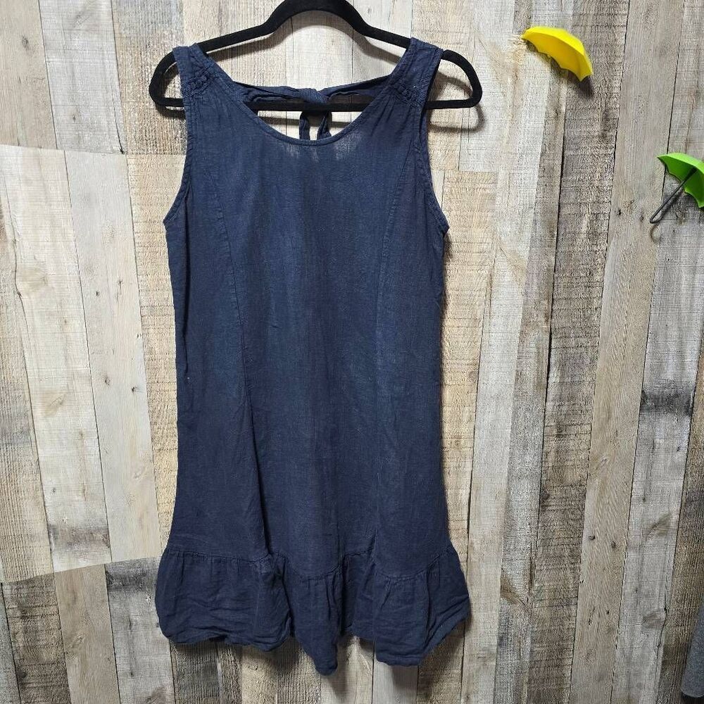Terzo Millenio Italy Navy Linen Blend Mini Ruffle Hem Dress Medium Minimalist